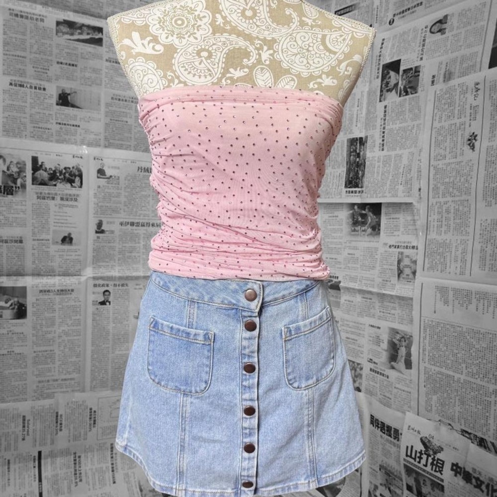 AFRM Bedazzled Pink Strapless Going Out Party Top Coquette McBling Y2K Sparkle